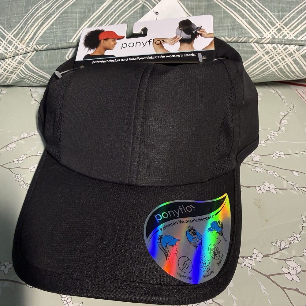 Ponyflo Active Women Black Pony Tail Athletic Hat Cap Headware Golf Exercise NEW